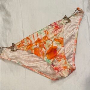 Floral Orange Tropical Bikini Bottom with Chain Accents